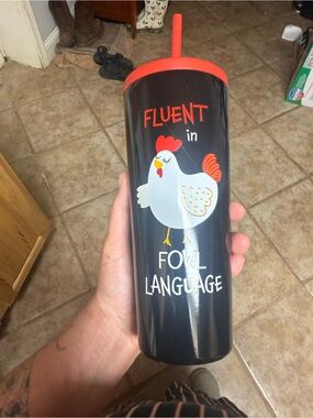 Black Tumbler with Chicken 'Fluent in Fowl Language'